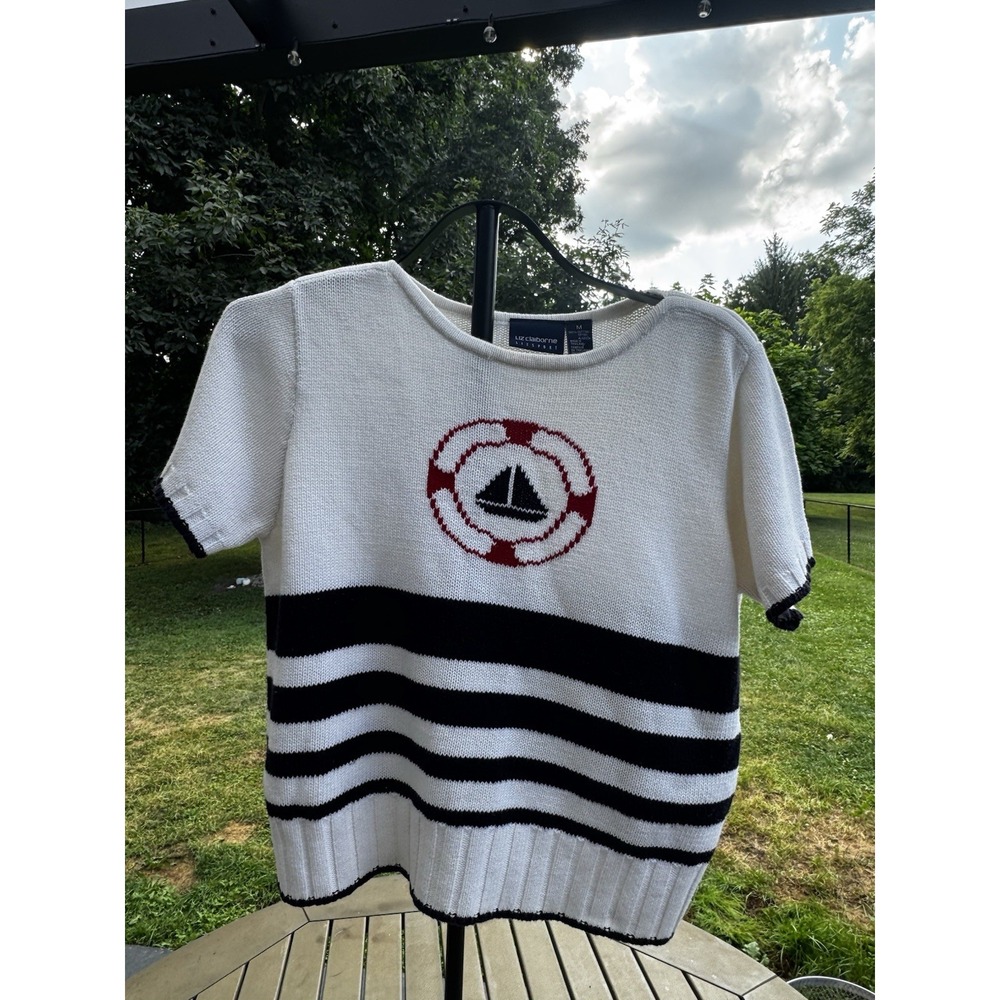 Liz Clairborne Short Sleeve White Sweater, Coastal/Preppie/Nautical/Sailing